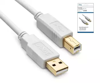DINIC USB 2.0 HQ kabel A naar B stekker, 28 AWG / 2C, 26 AWG / 2C, wit, DINIC doos met Euro gat, lengte 5,00m